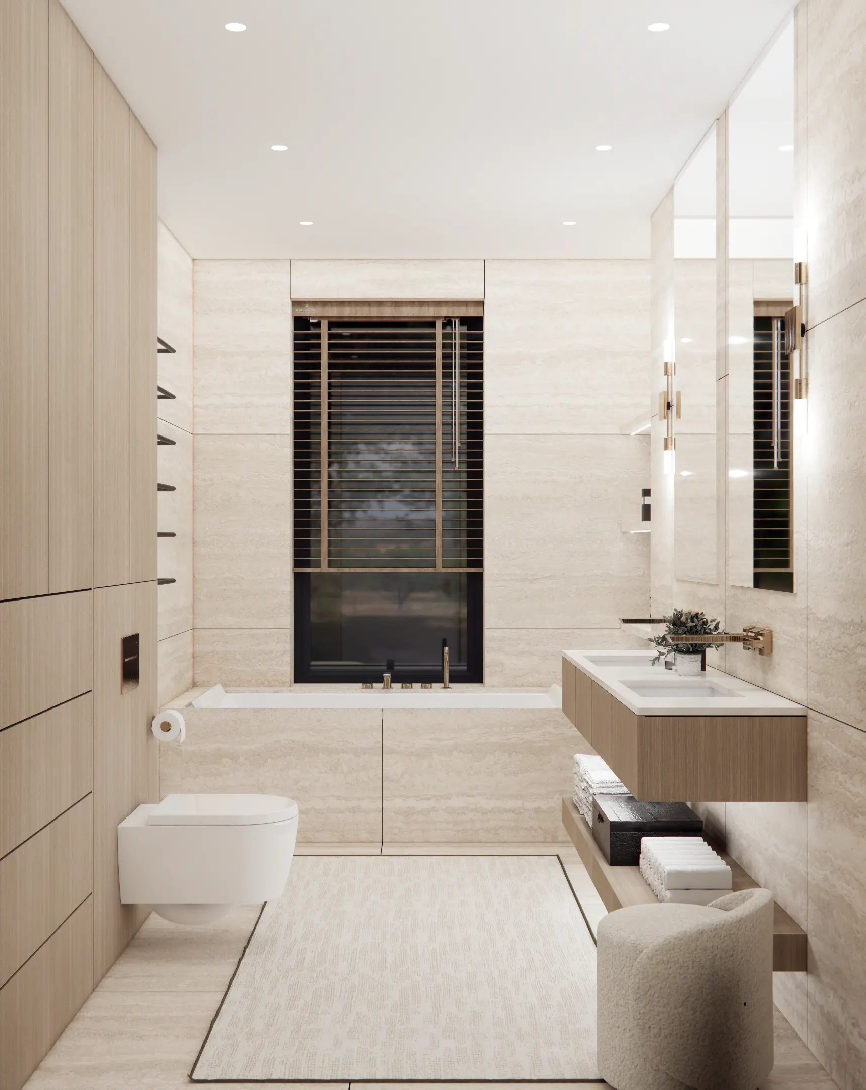 Wizualizacja całej łazienki ukazuje spójność materiałów i kolorów, które tworzą harmonijną całość. Duże okno z drewnianymi żaluzjami wpuszcza naturalne światło, podkreślając elegancję wnętrza.