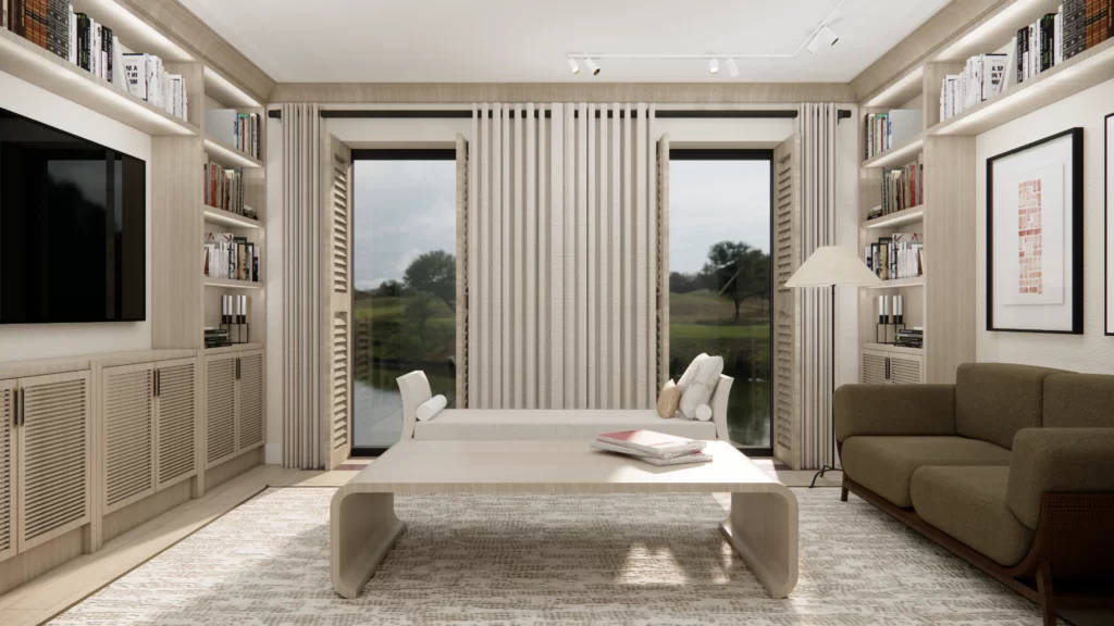 Duże, przesuwne okna prowadzą na zewnątrz, wprowadzając do wnętrza dużo naturalnego światła. Po obu stronach okien znajdują się półki, które kontynuują motyw z poprzednich ujęć, pełniąc zarówno funkcję praktyczną, jak i dekoracyjną. Wnętrze jest przestronne, z niskim stolikiem kawowym pośrodku, który dodaje salonowi nowoczesnego charakteru. Neutralna kolorystyka pomieszczenia, w połączeniu z widokiem na zieleń za oknami, tworzy harmonijną i spokojną atmosferę, idealną do relaksu.